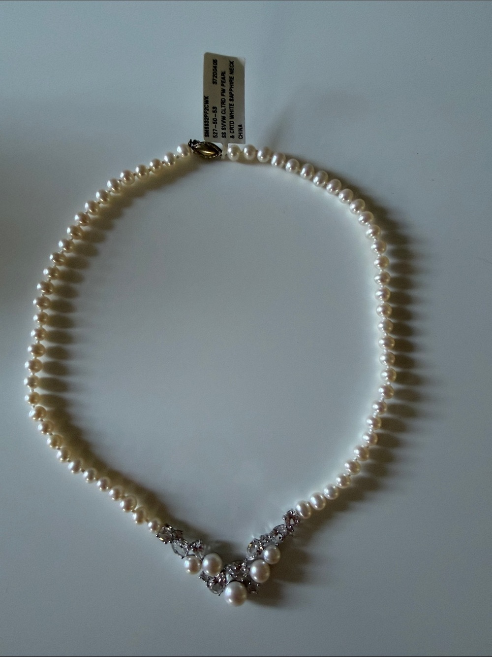 Classic Pearl Necklace with white Sapphire Accents - Ivory Pearls
